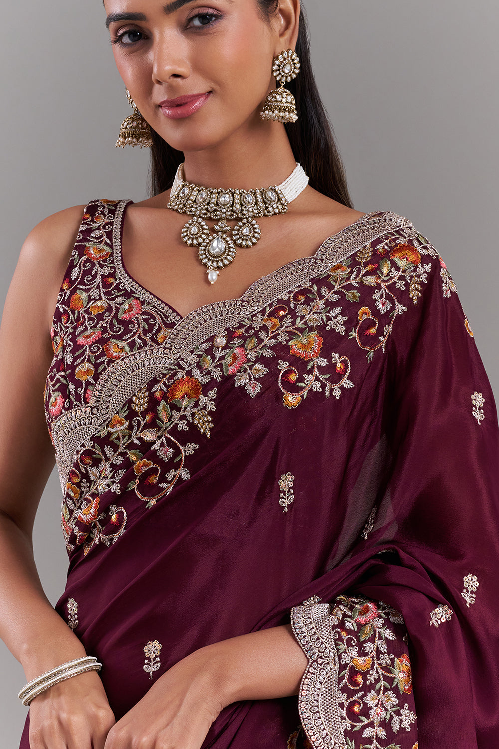 Burgundy Crepe Embroidered Saree with Scalloped Floral Border