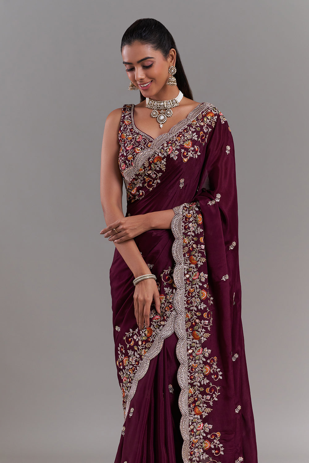 Burgundy Crepe Embroidered Saree with Scalloped Floral Border