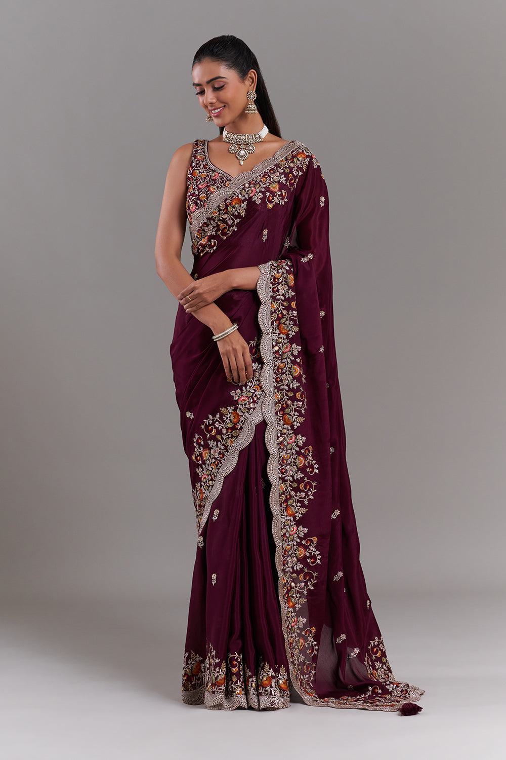 Burgundy Crepe Embroidered Saree with Scalloped Floral Border