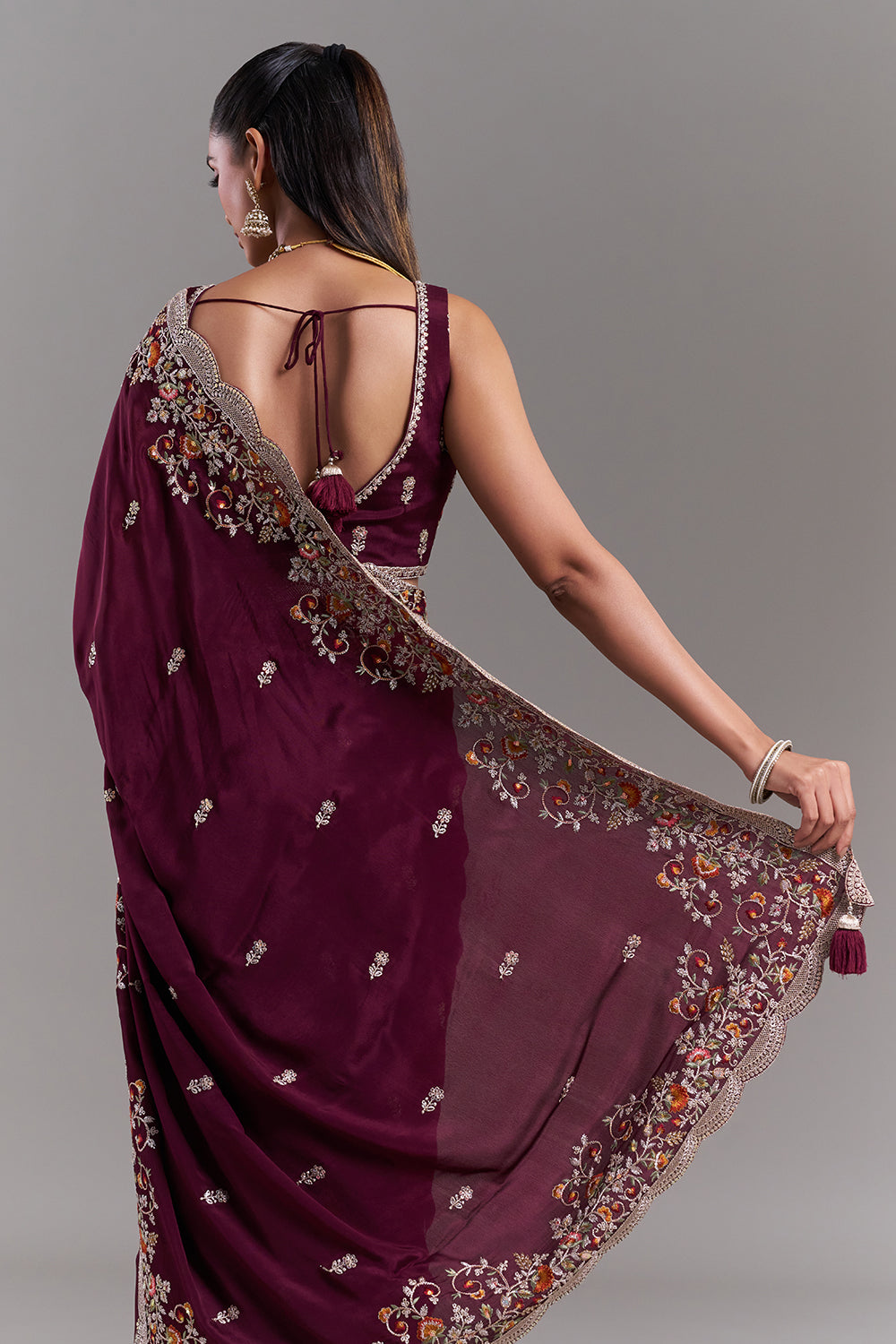 Burgundy Crepe Embroidered Saree with Scalloped Floral Border