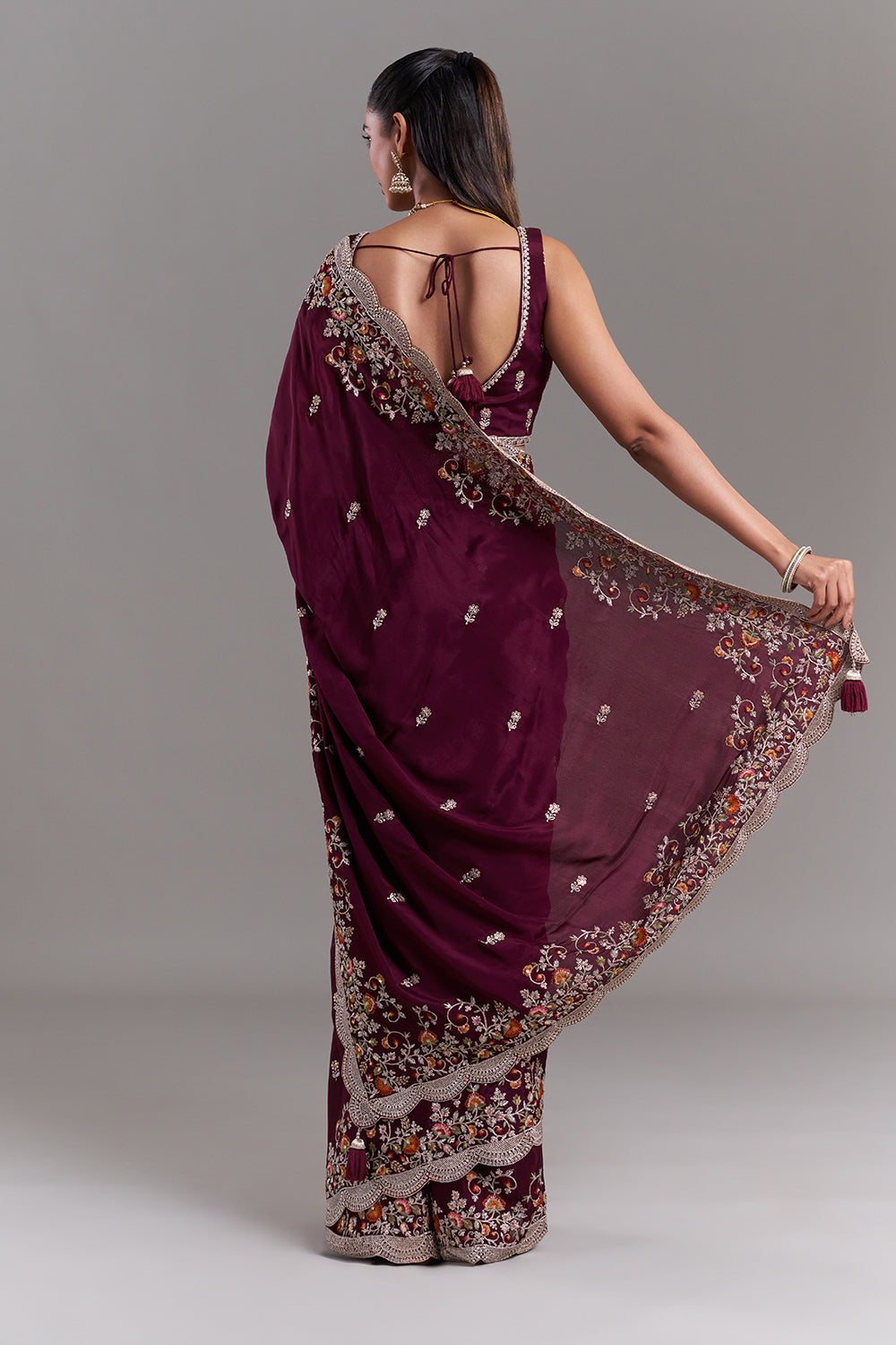 Burgundy Crepe Embroidered Saree with Scalloped Floral Border