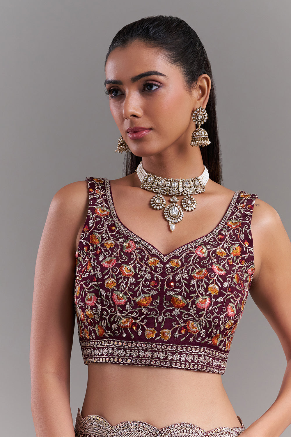 Burgundy Crepe Embroidered Saree with Scalloped Floral Border
