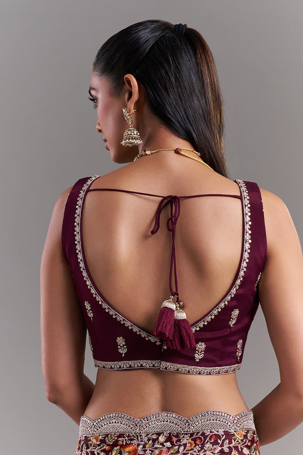 Burgundy Crepe Embroidered Saree with Scalloped Floral Border
