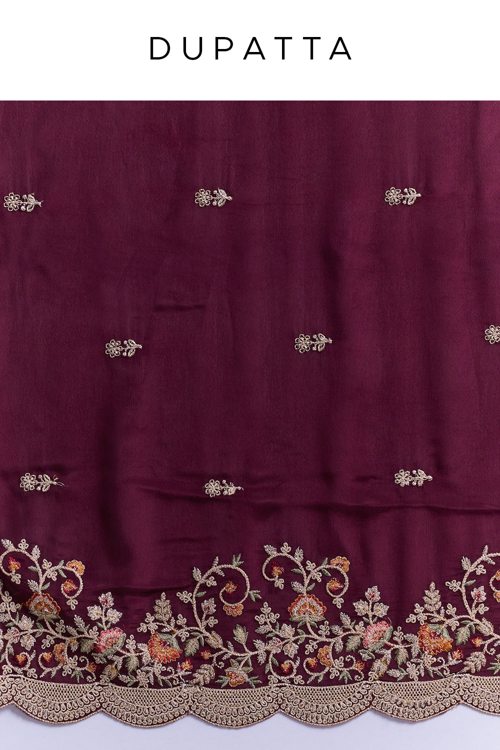 Burgundy Crepe Embroidered Saree with Scalloped Floral Border