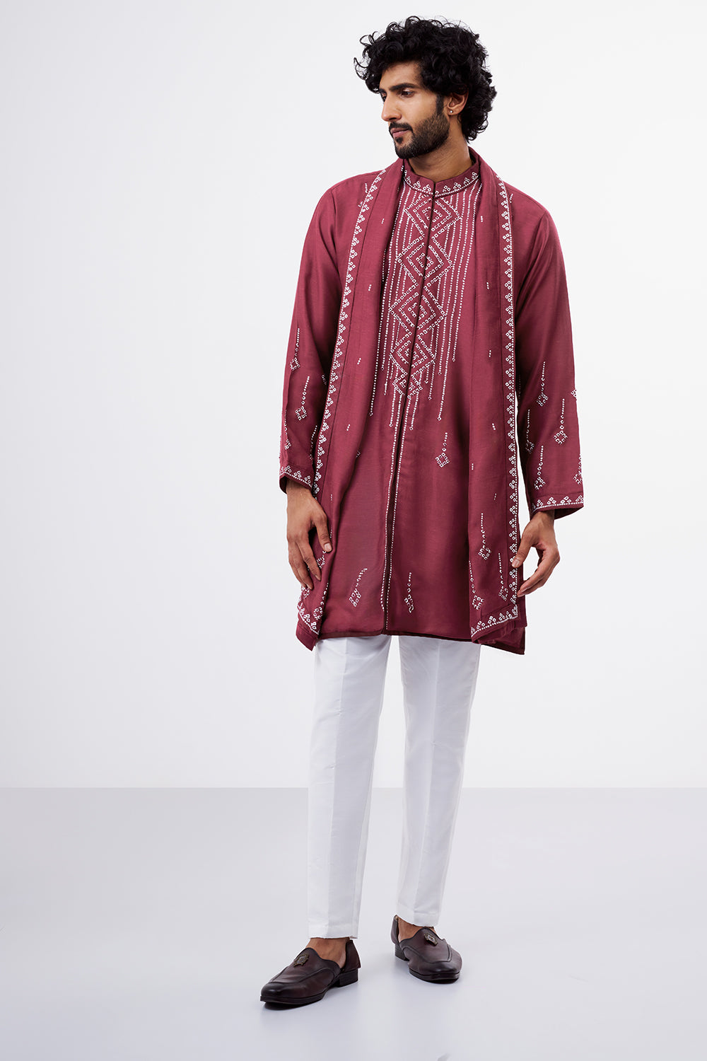 Burgundy Nokia Men's Silk Kurta Set with Geometric Details