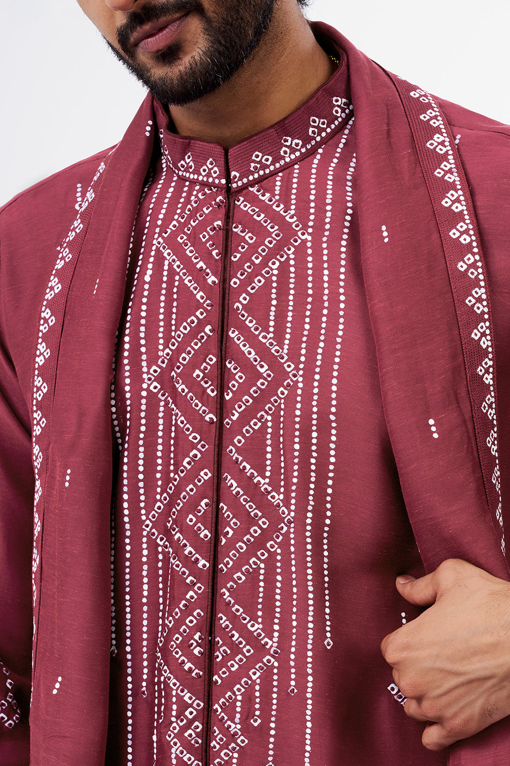 Burgundy Nokia Men's Silk Kurta Set with Geometric Details