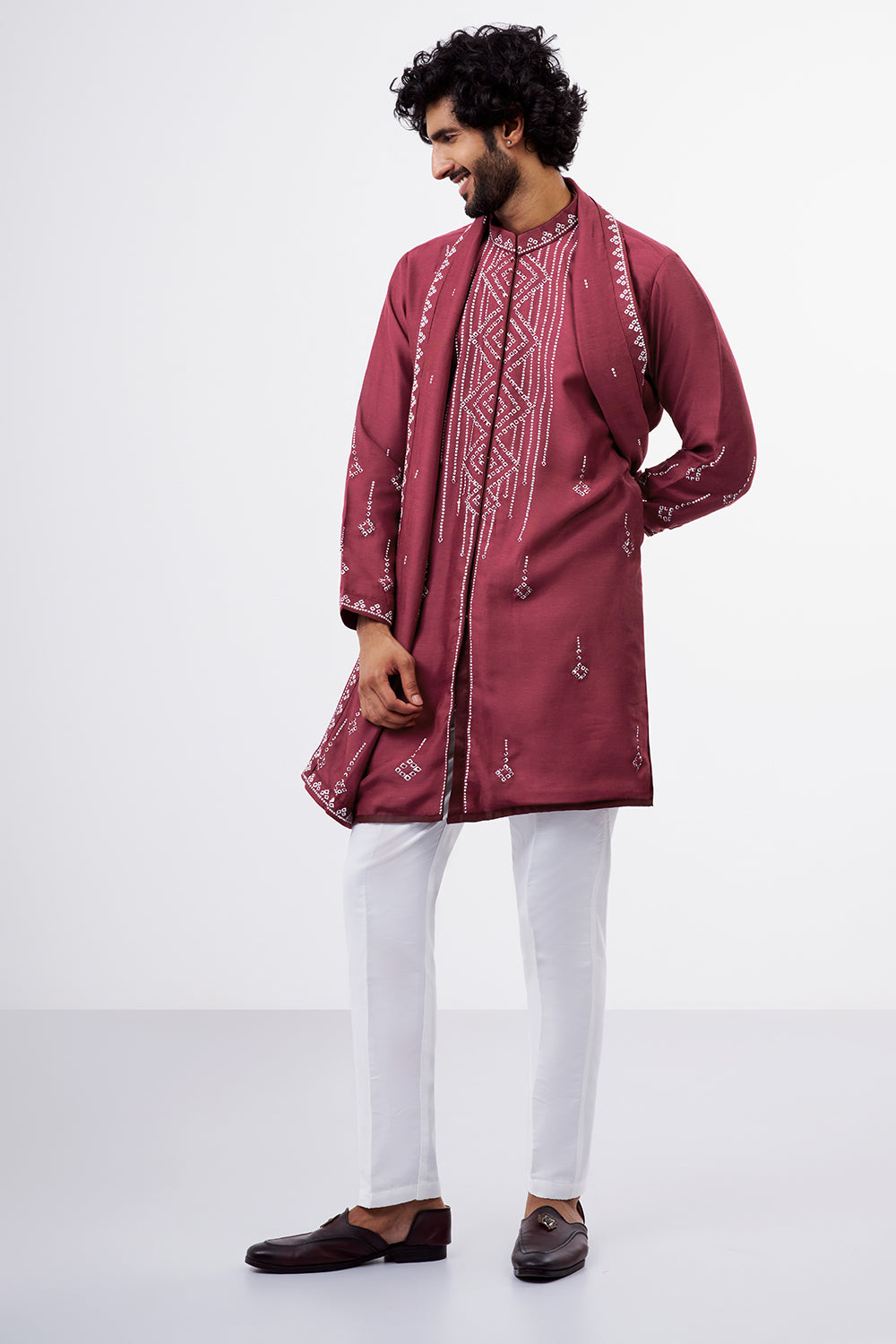 Burgundy Nokia Men's Silk Kurta Set with Geometric Details