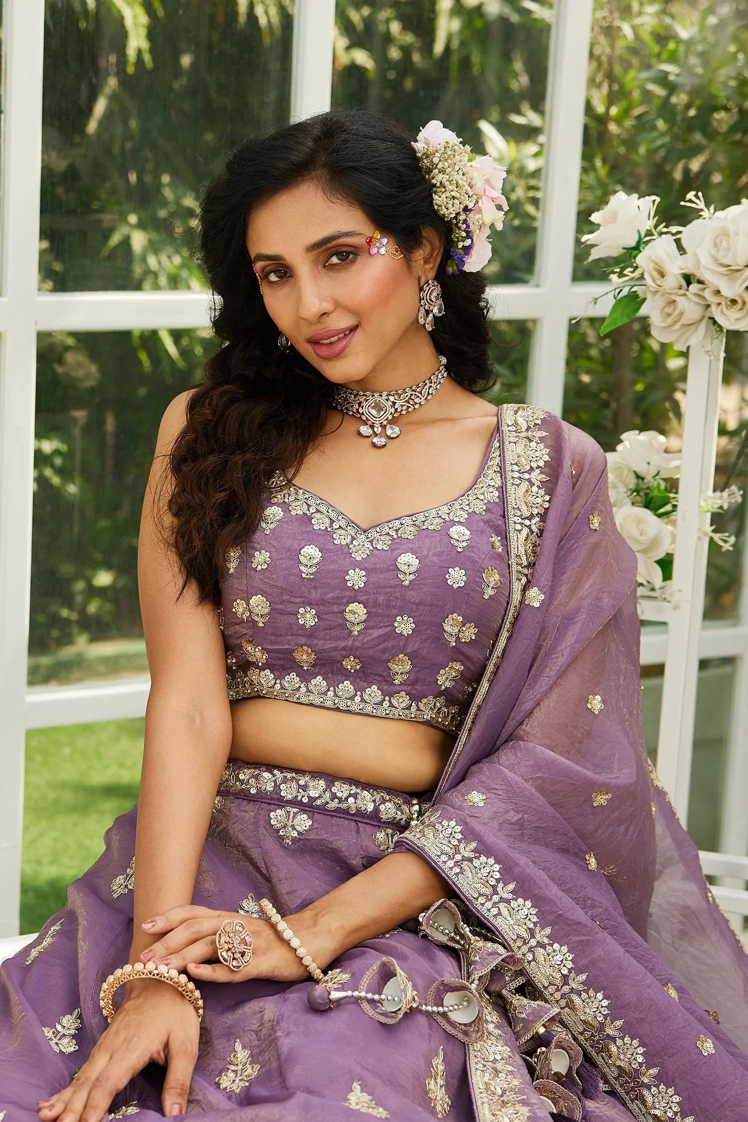Lavender Organza Silk Lehenga with Sequin Zari Embroidered Border