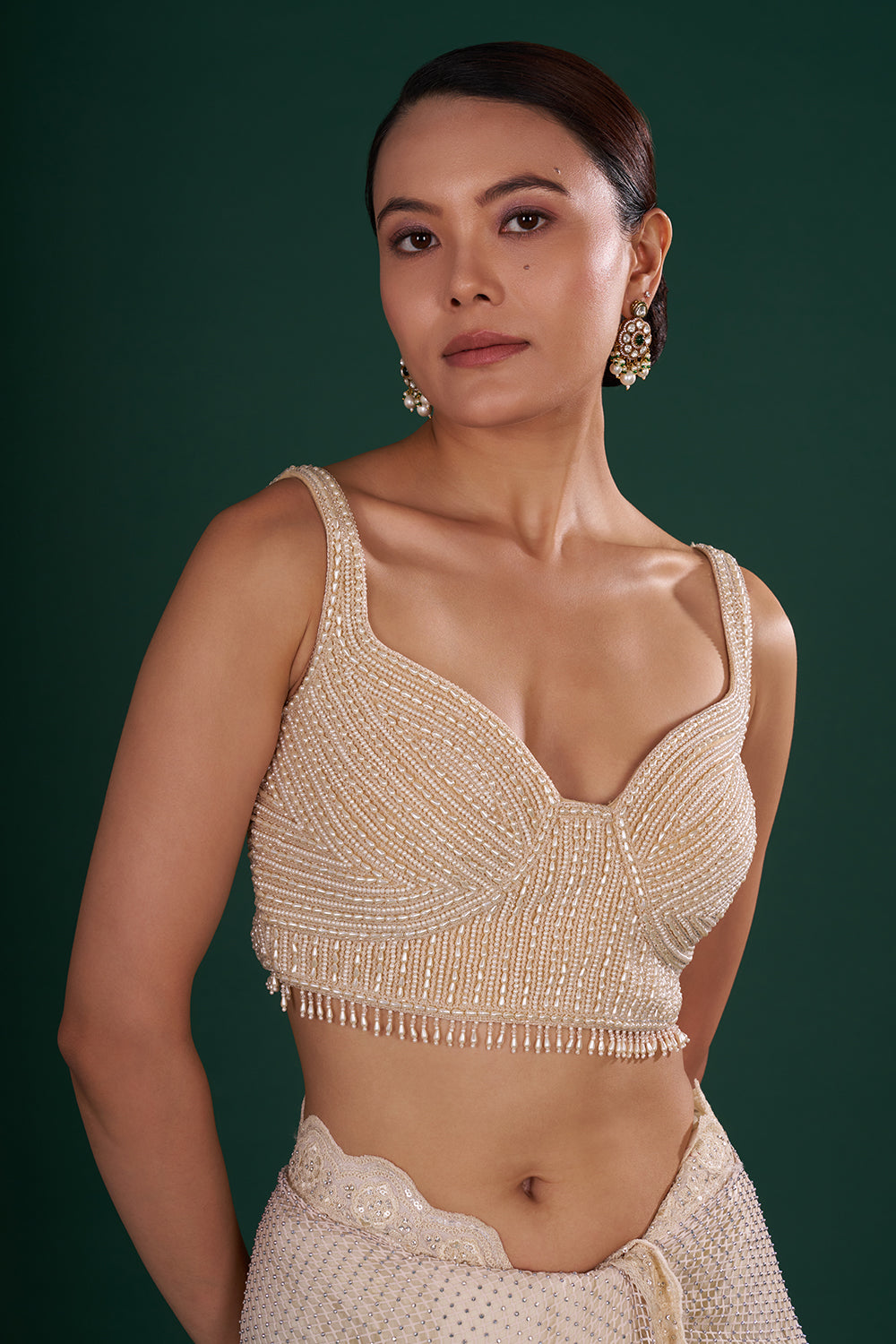 Champagne Gold Net Saree with Scalloped Border and Unstitched Blouse