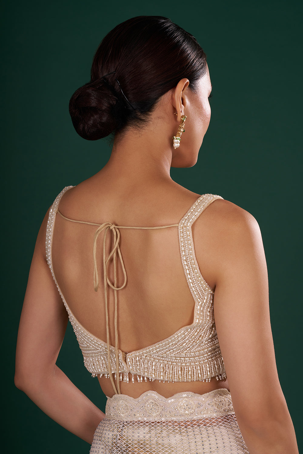 Champagne Gold Net Saree with Scalloped Border and Unstitched Blouse