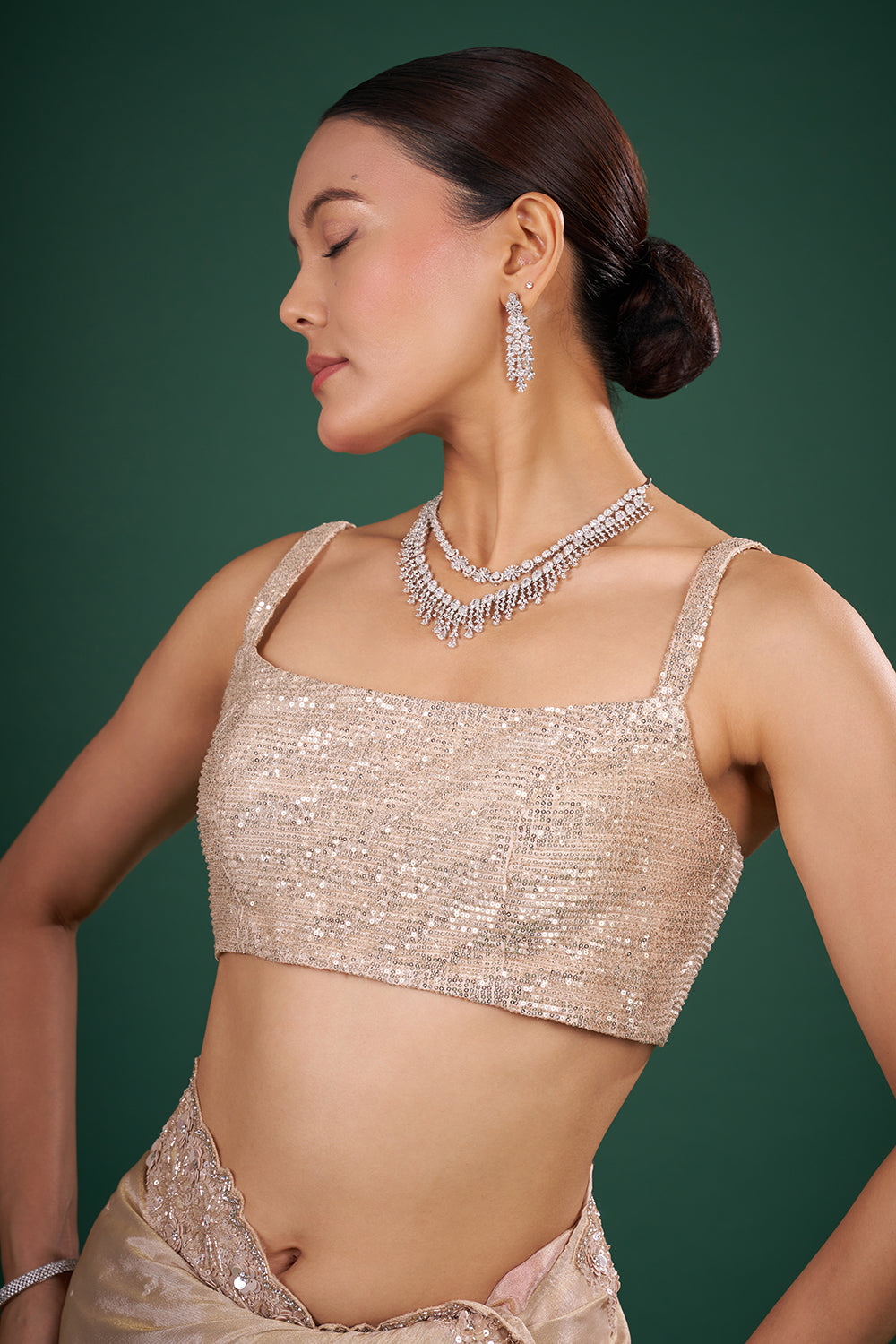 Champagne Organza Saree with Embroidered Border and Unstitched Blouse