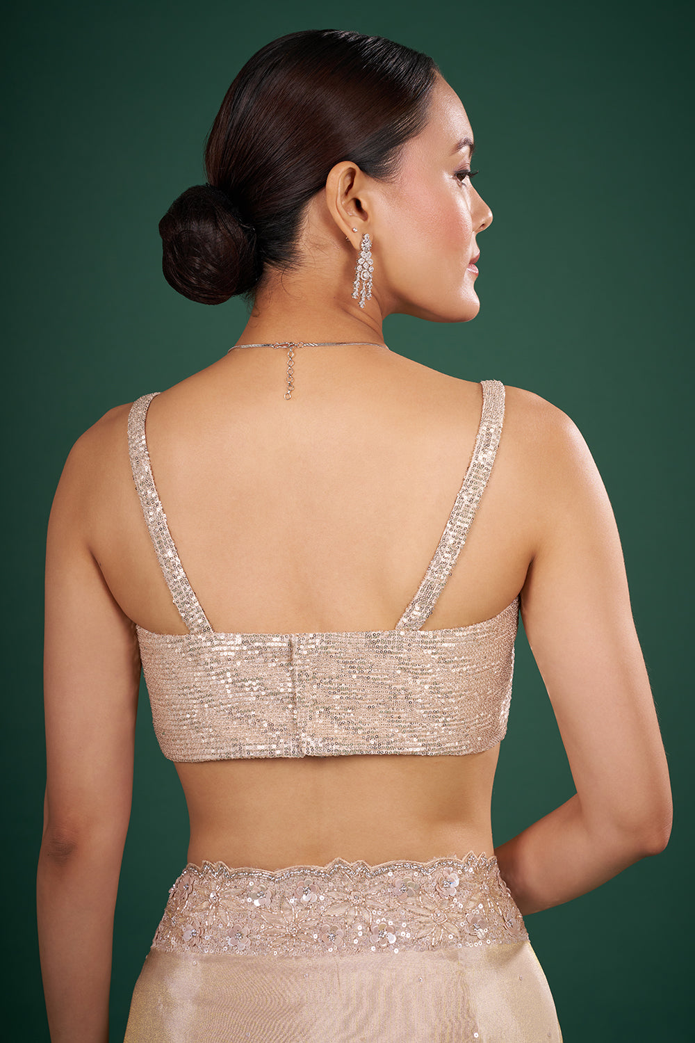 Champagne Organza Saree with Embroidered Border and Unstitched Blouse