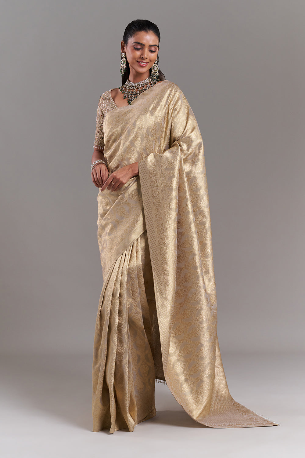 Champagne Gold Shimmer Tissue Saree with Banarasi Print