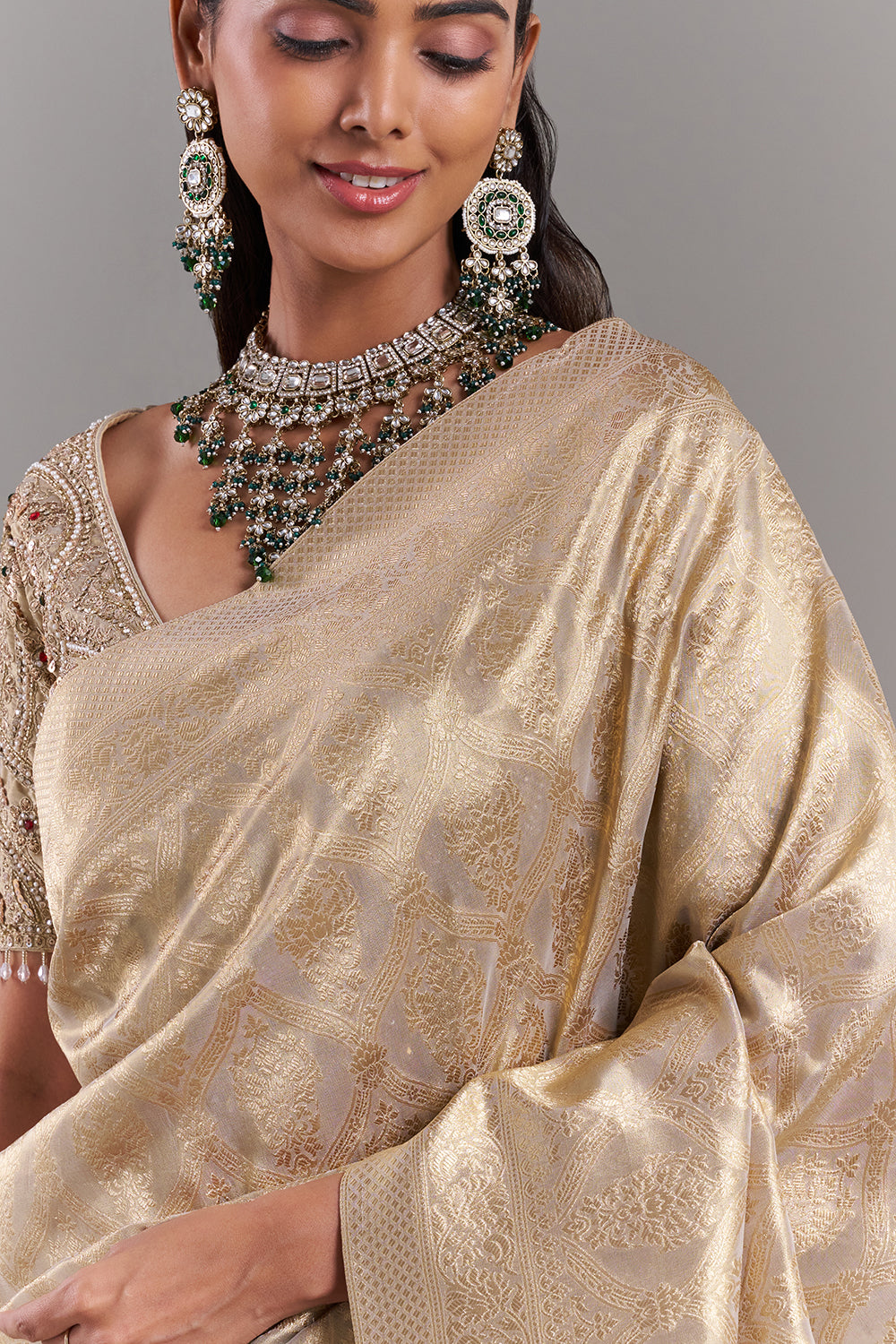 Champagne Gold Shimmer Tissue Saree with Banarasi Print