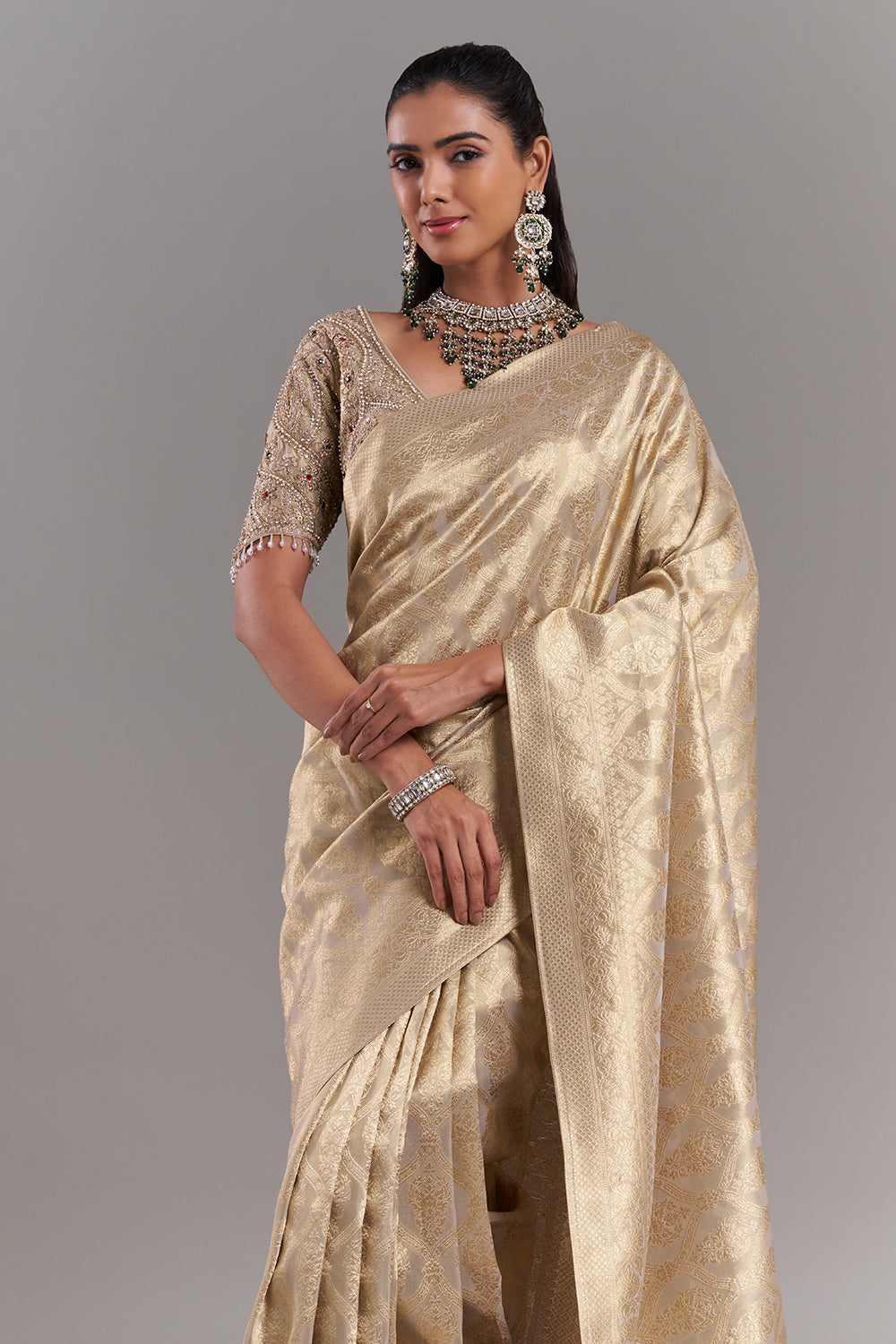 Champagne Gold Shimmer Tissue Saree with Banarasi Print