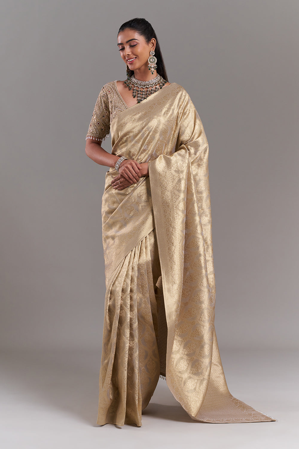 Champagne Gold Shimmer Tissue Saree with Banarasi Print