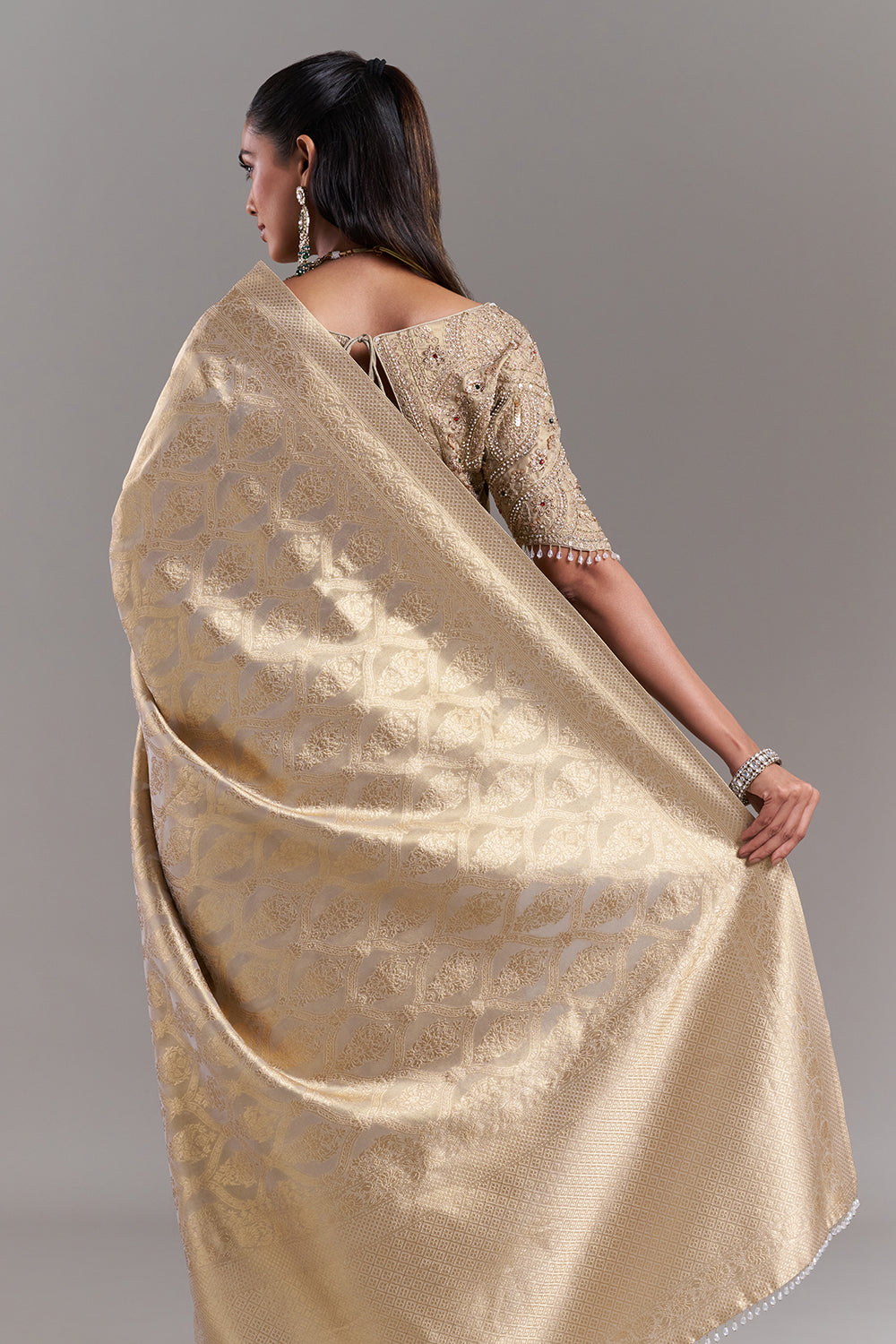 Champagne Gold Shimmer Tissue Saree with Banarasi Print