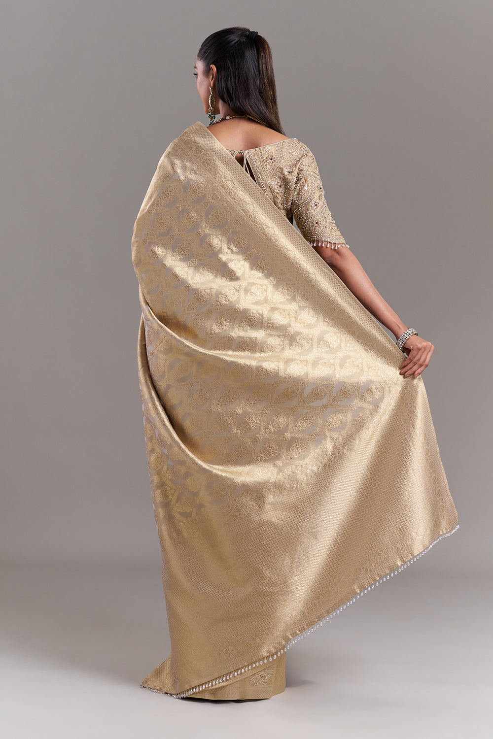 Champagne Gold Shimmer Tissue Saree with Banarasi Print