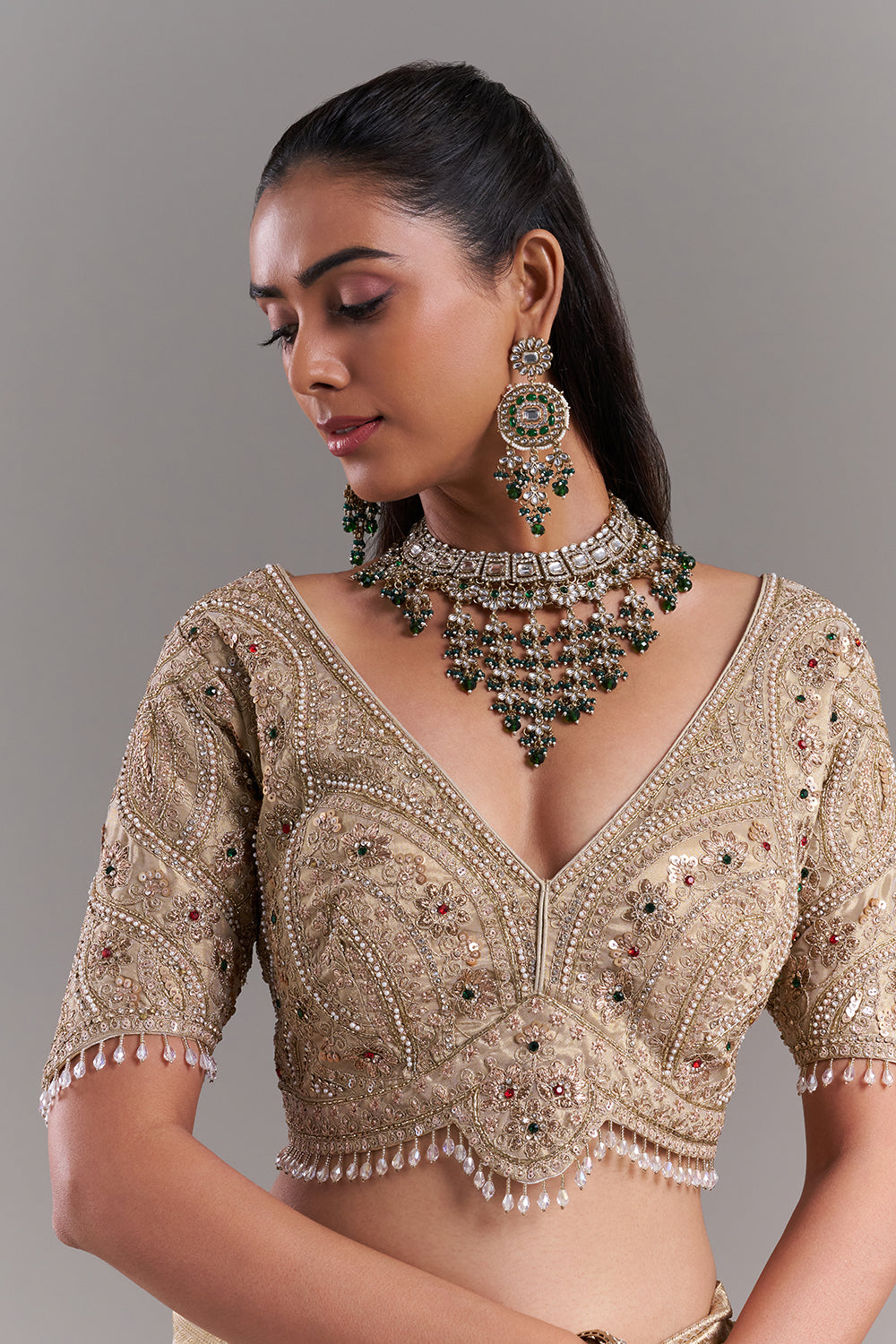 Champagne Gold Shimmer Tissue Saree with Banarasi Print