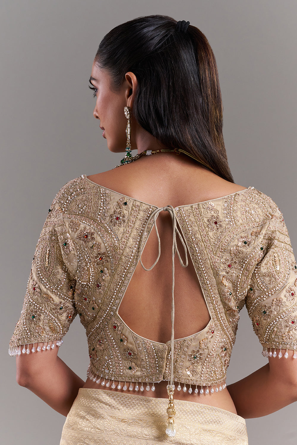 Champagne Gold Shimmer Tissue Saree with Banarasi Print