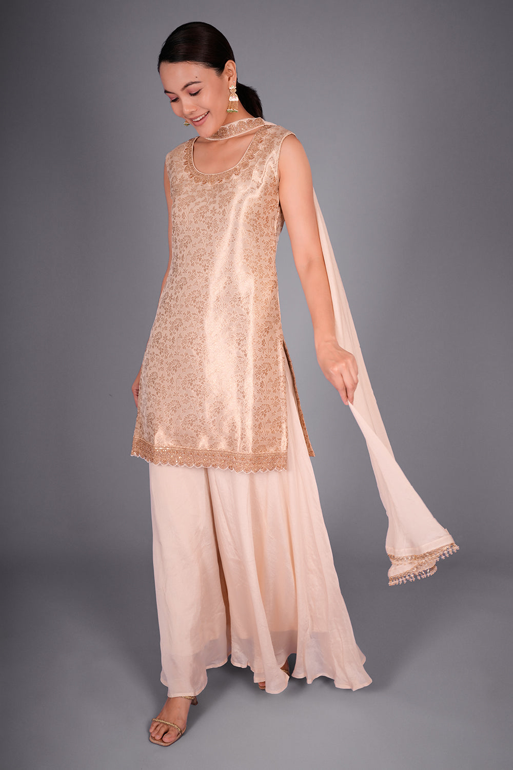Champagne Gold Silk Blend Kurta Set with Zari Embroidery