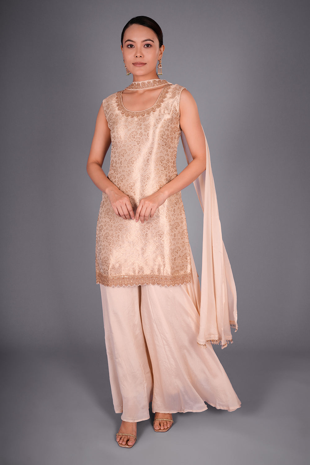 Champagne Gold Silk Blend Kurta Set with Zari Embroidery