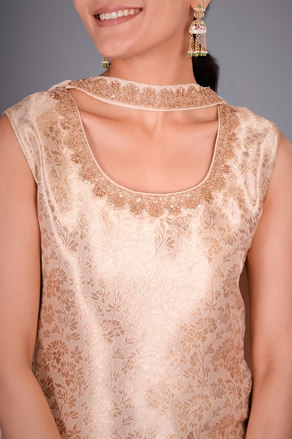 Champagne Gold Silk Blend Kurta Set with Zari Embroidery