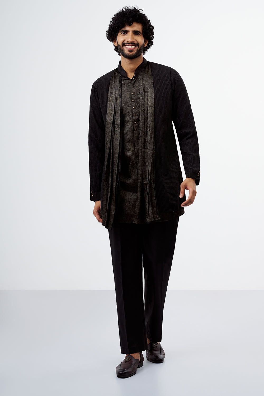 Charcoal Thread Work Shimmer Crush Chiffon Men's Kurta Set