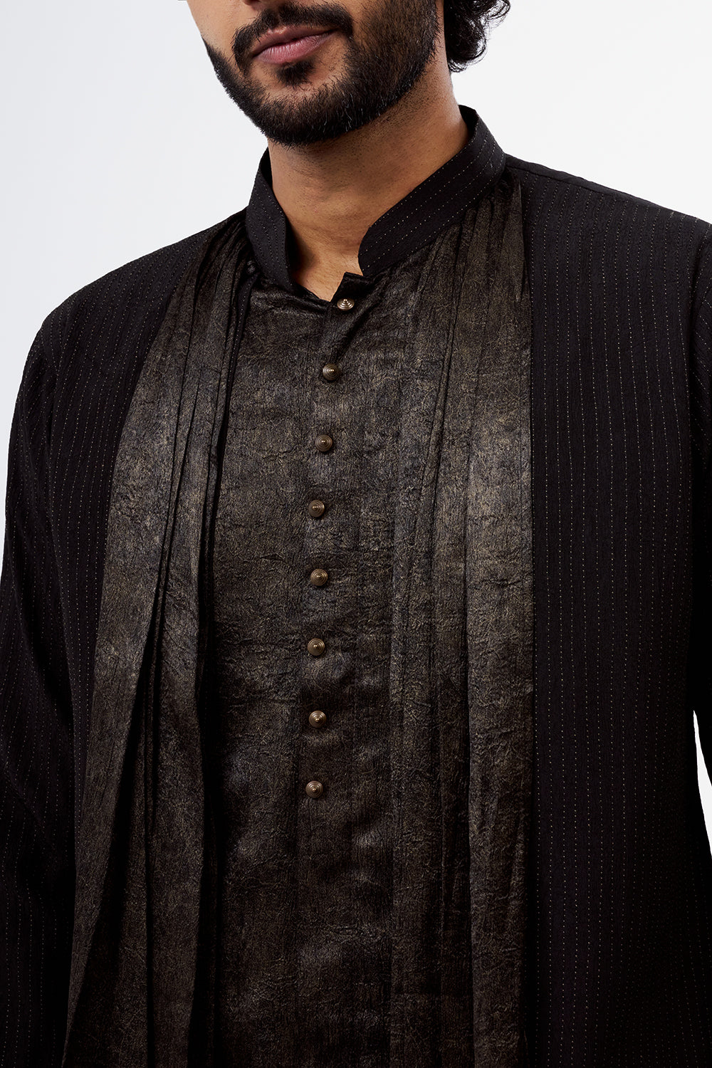 Charcoal Thread Work Shimmer Crush Chiffon Men's Kurta Set