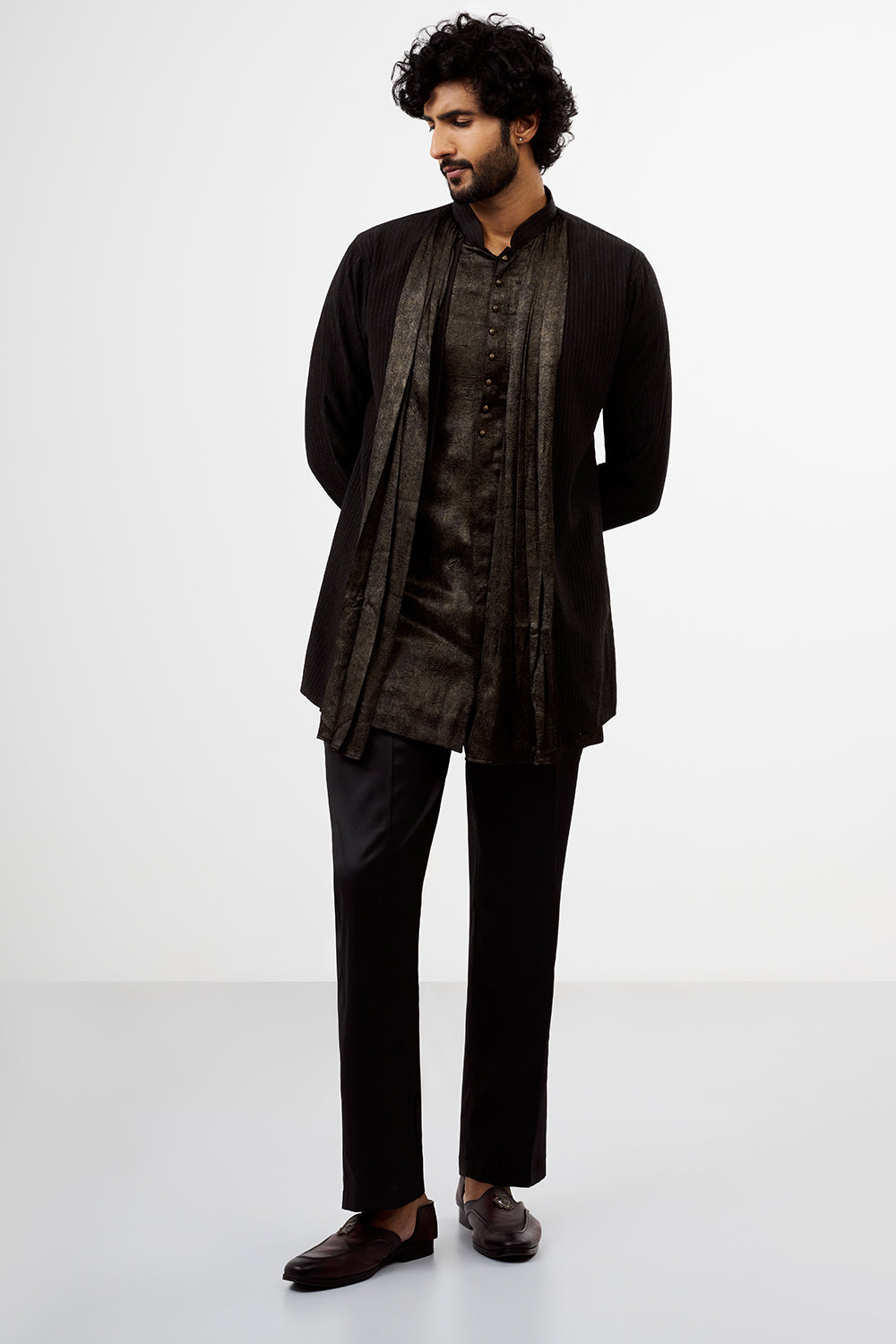Charcoal Thread Work Shimmer Crush Chiffon Men's Kurta Set
