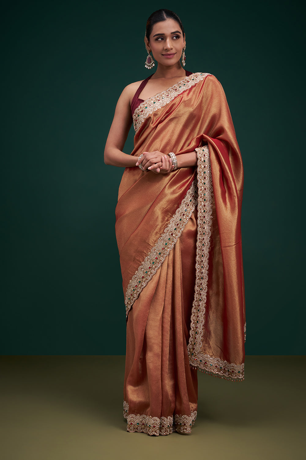 Copper Tissue Saree with Stone Work and Unstitched Blouse