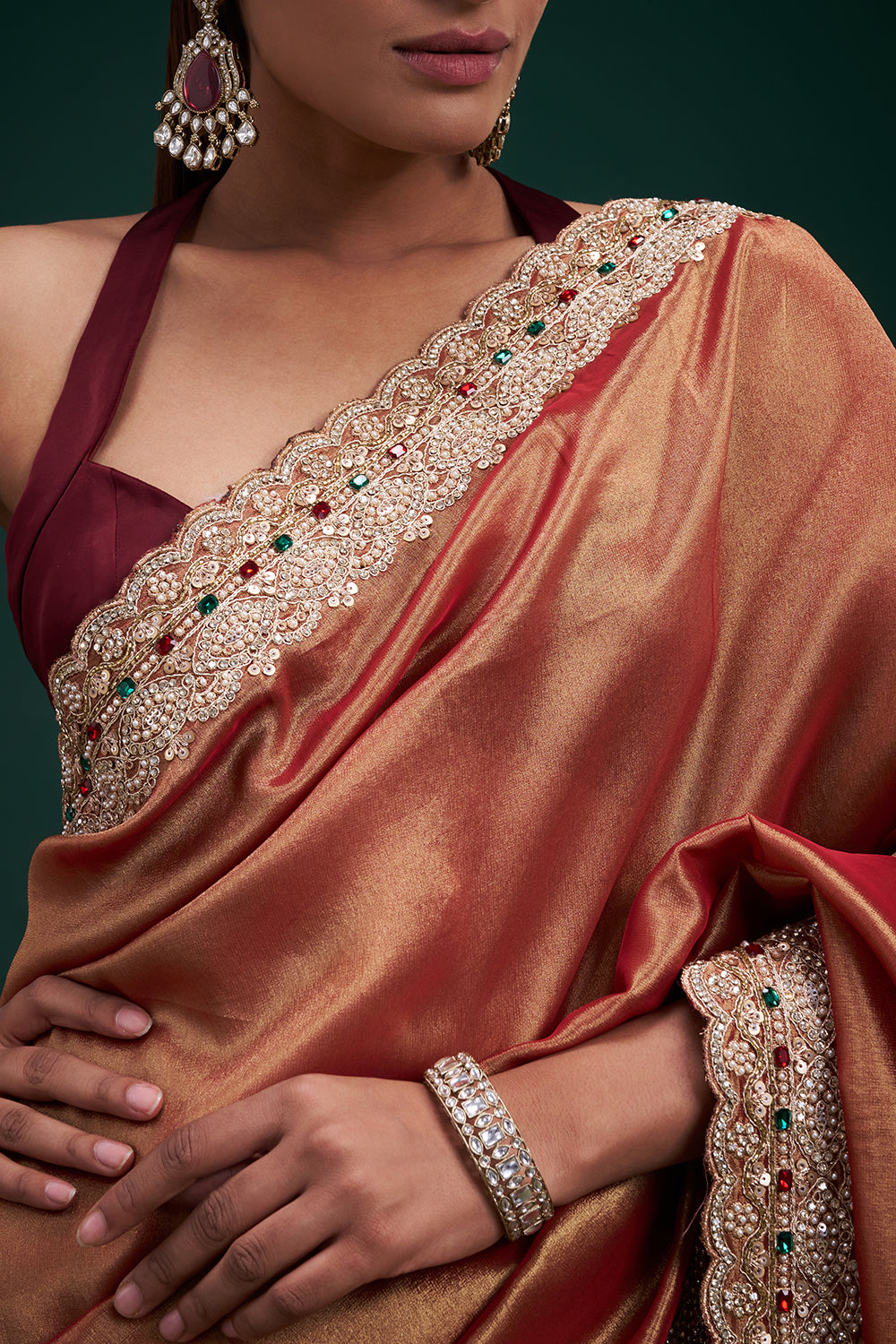 Copper Tissue Saree with Stone Work and Unstitched Blouse