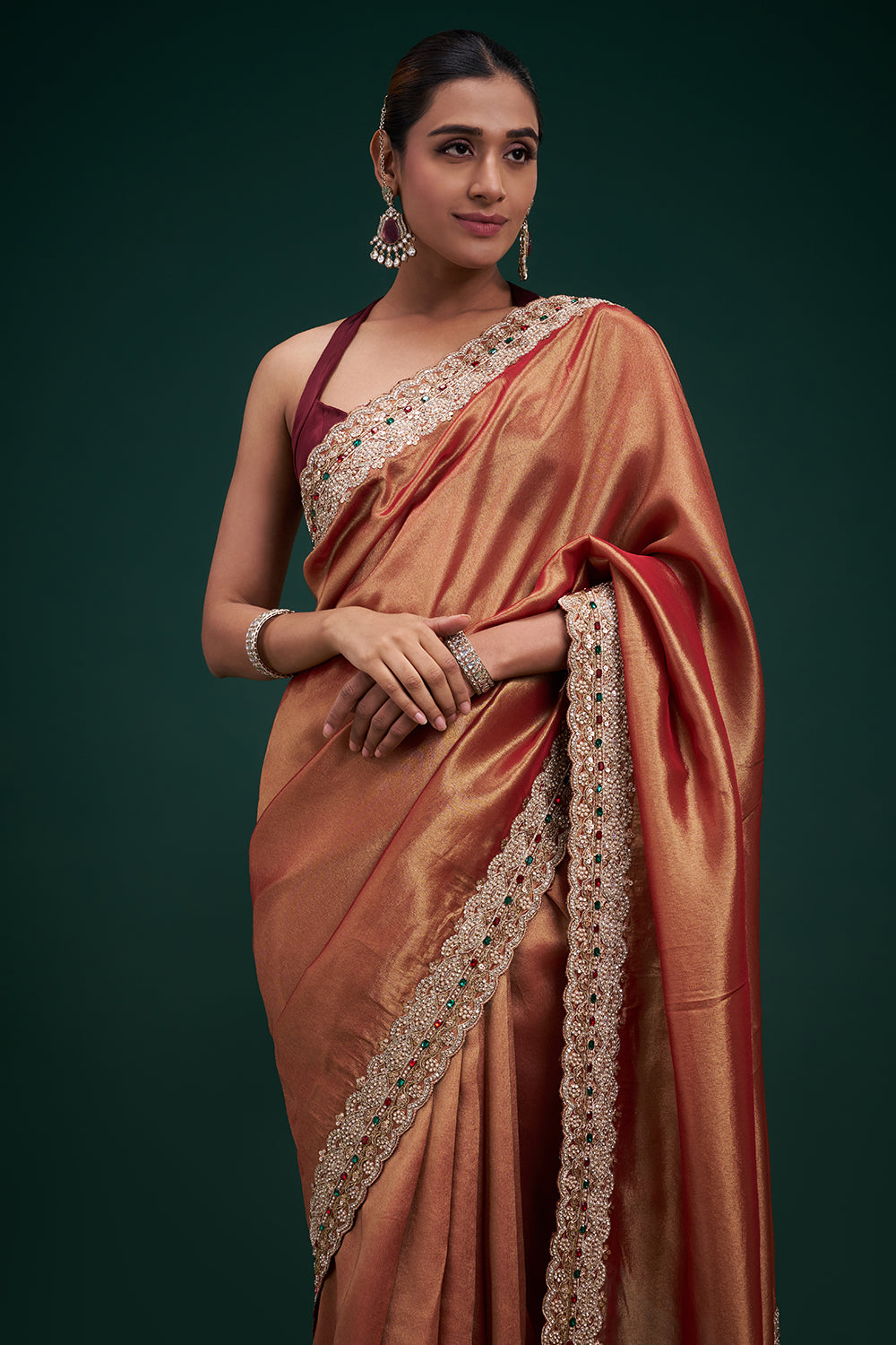 Copper Tissue Saree with Stone Work and Unstitched Blouse