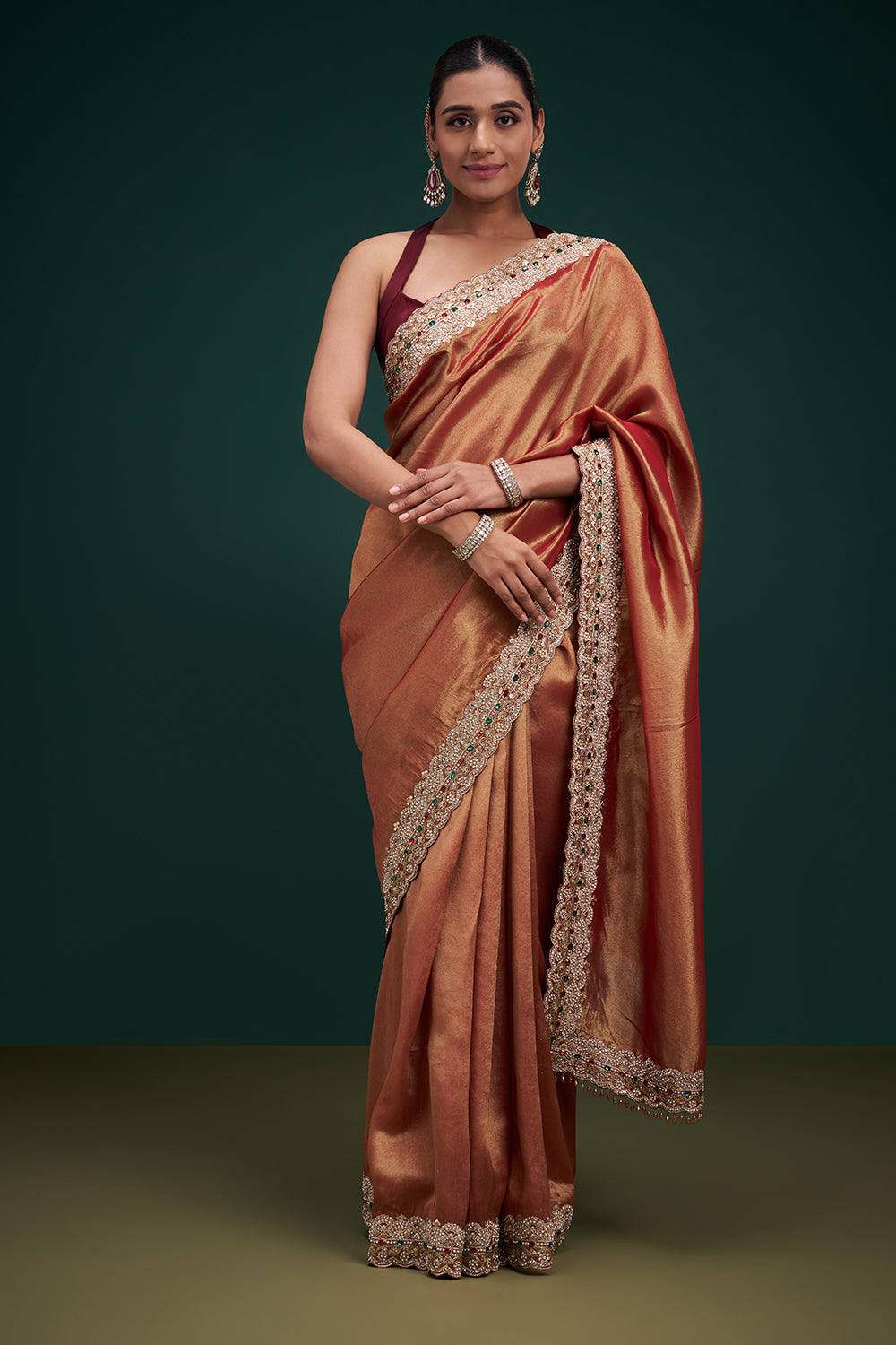 Copper Tissue Saree with Stone Work and Unstitched Blouse
