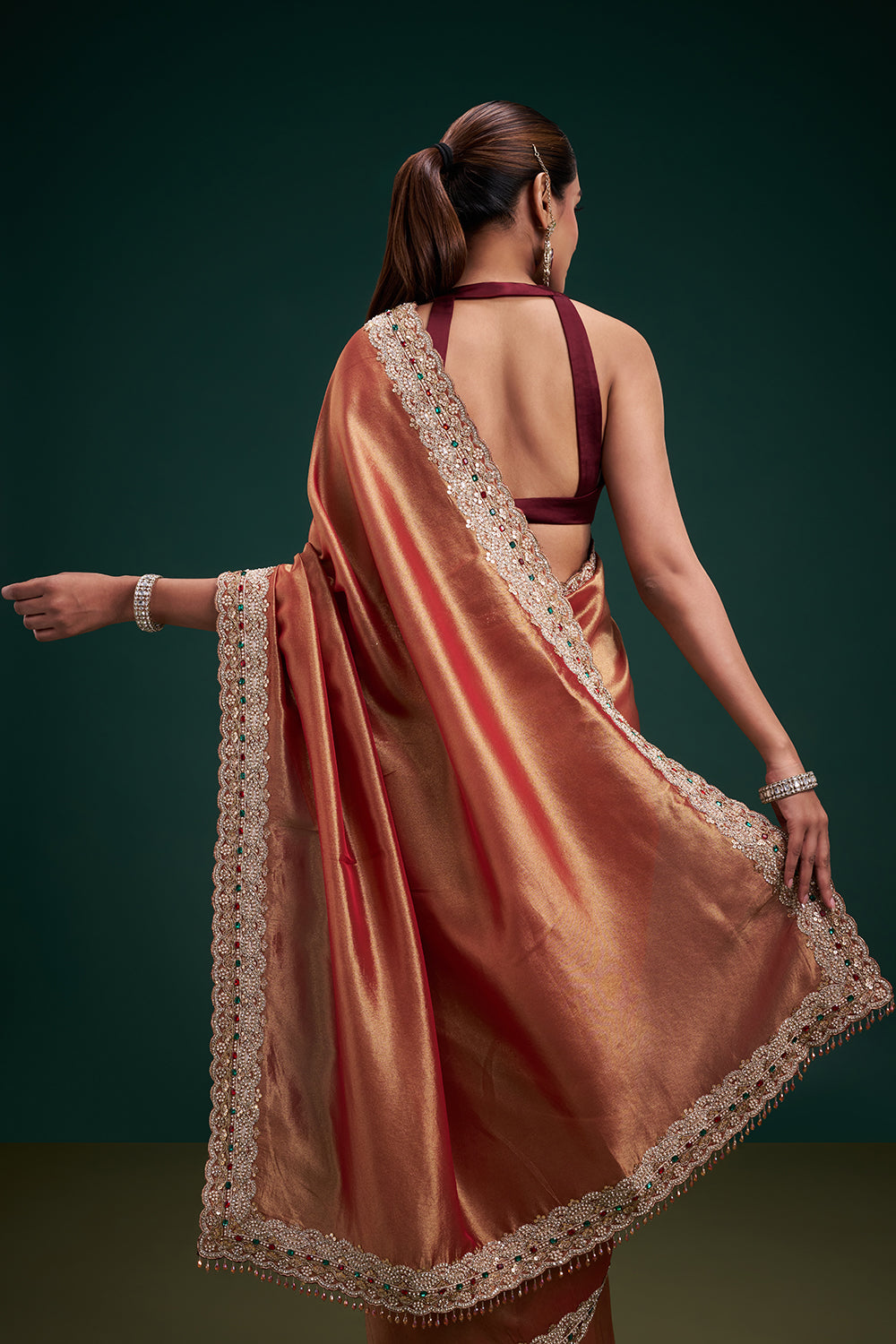 Copper Tissue Saree with Stone Work and Unstitched Blouse