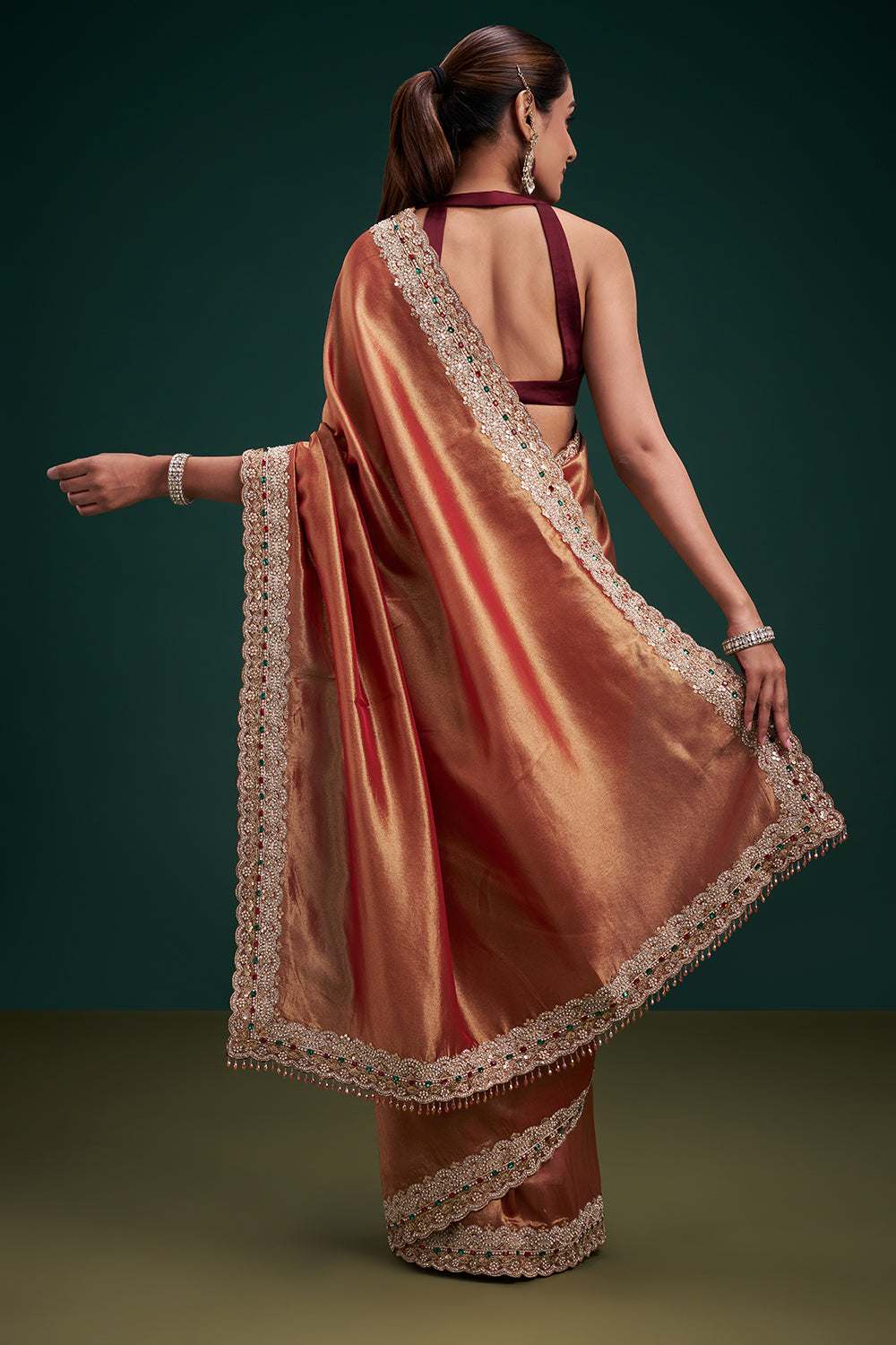 Copper Tissue Saree with Stone Work and Unstitched Blouse