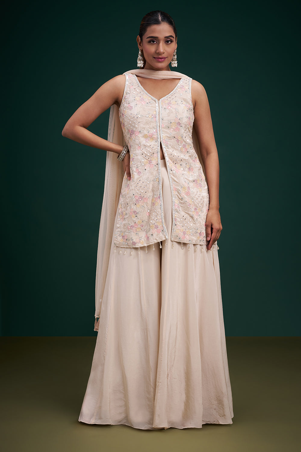 Cream Pure Crepe Indo-Western Suit with Resham Work