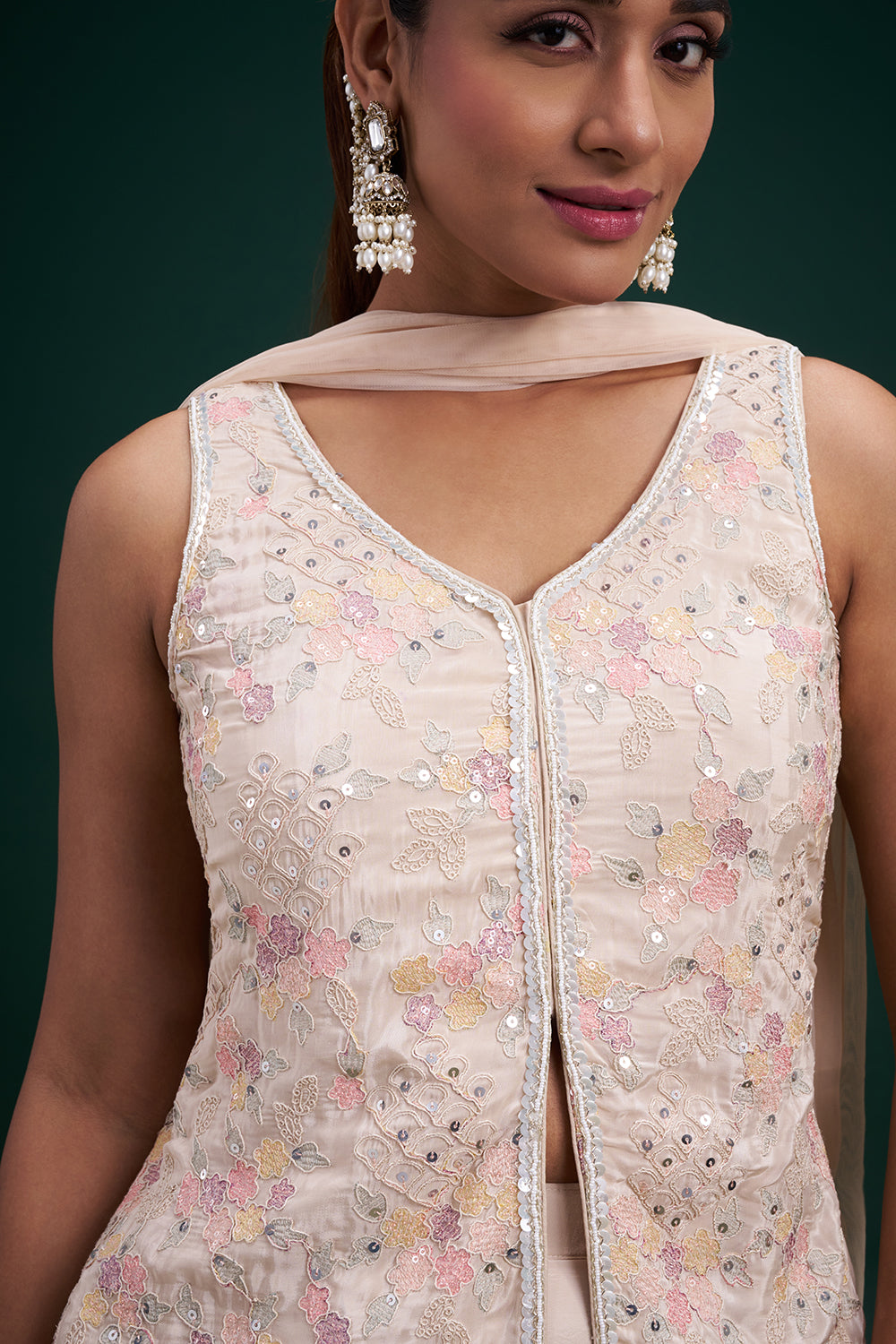Cream Pure Crepe Indo-Western Suit with Resham Work