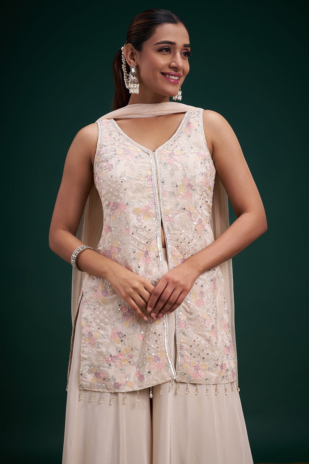 Cream Pure Crepe Indo-Western Suit with Resham Work