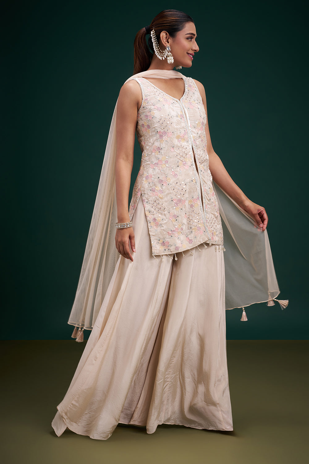 Cream Pure Crepe Indo-Western Suit with Resham Work