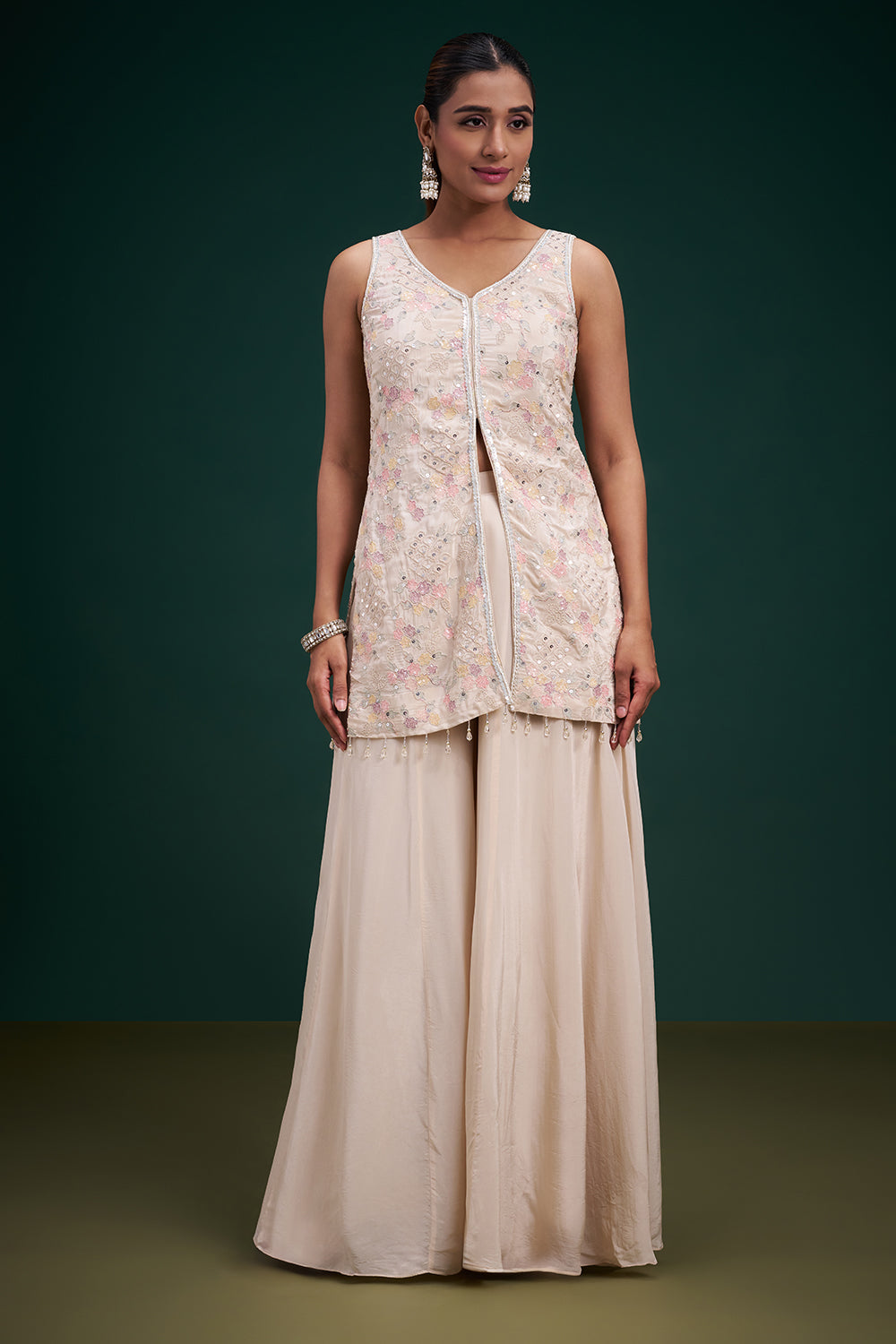 Cream Pure Crepe Indo-Western Suit with Resham Work