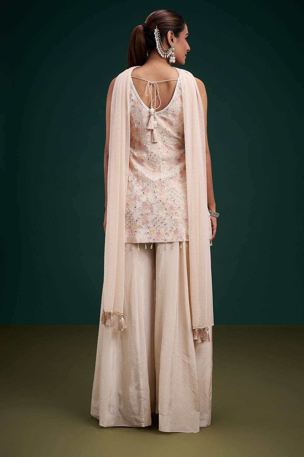 Cream Pure Crepe Indo-Western Suit with Resham Work