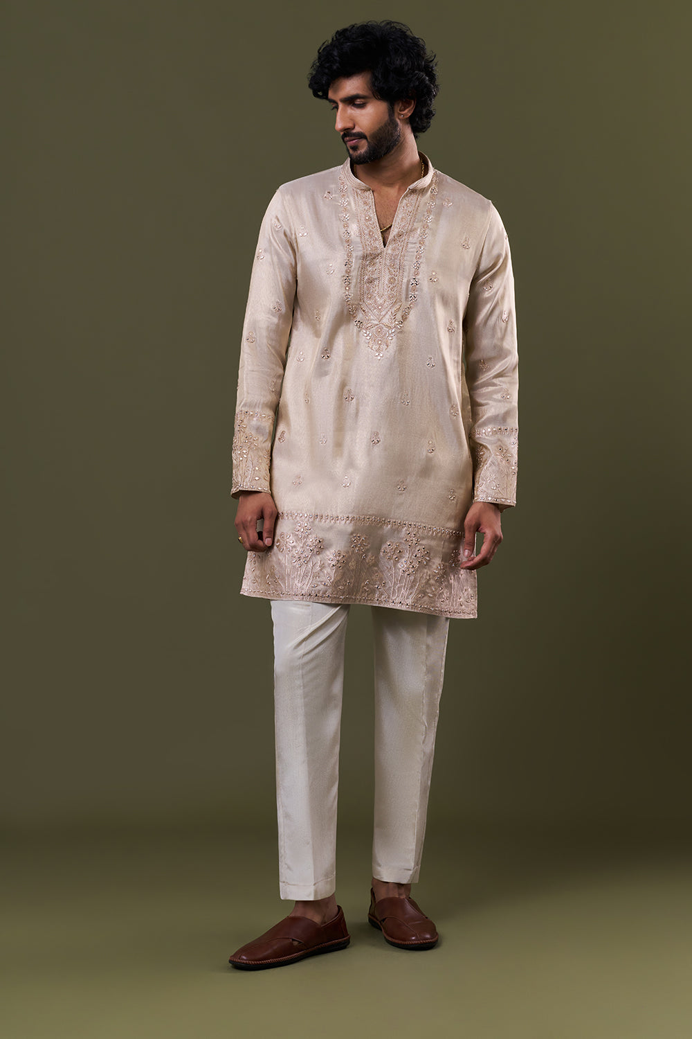 Cream Shimmer Polyester Mirror Resham Embellished Kurta Set