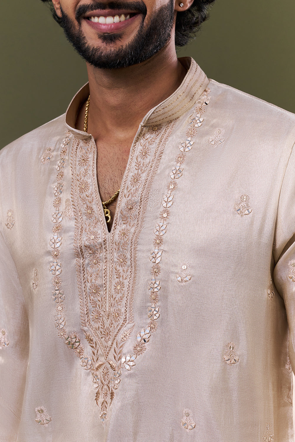 Cream Shimmer Polyester Mirror Resham Embellished Kurta Set
