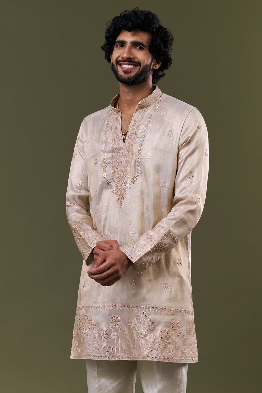 Cream Shimmer Polyester Mirror Resham Embellished Kurta Set