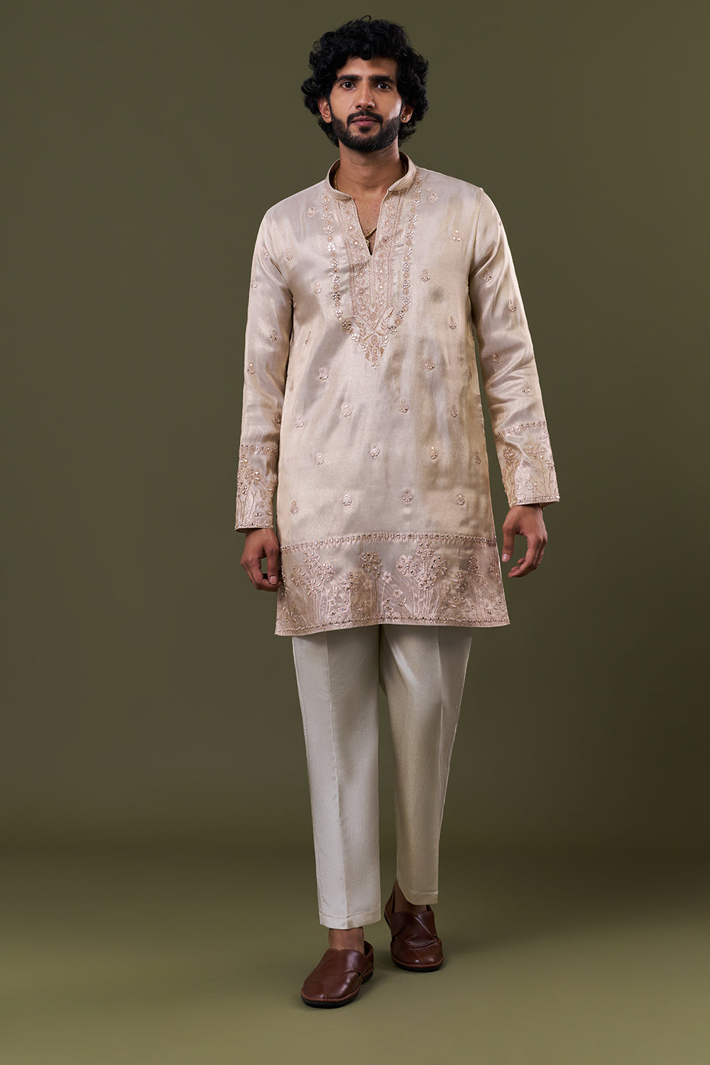 Cream Shimmer Polyester Mirror Resham Embellished Kurta Set