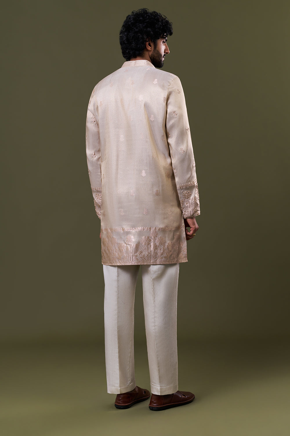Cream Shimmer Polyester Mirror Resham Embellished Kurta Set