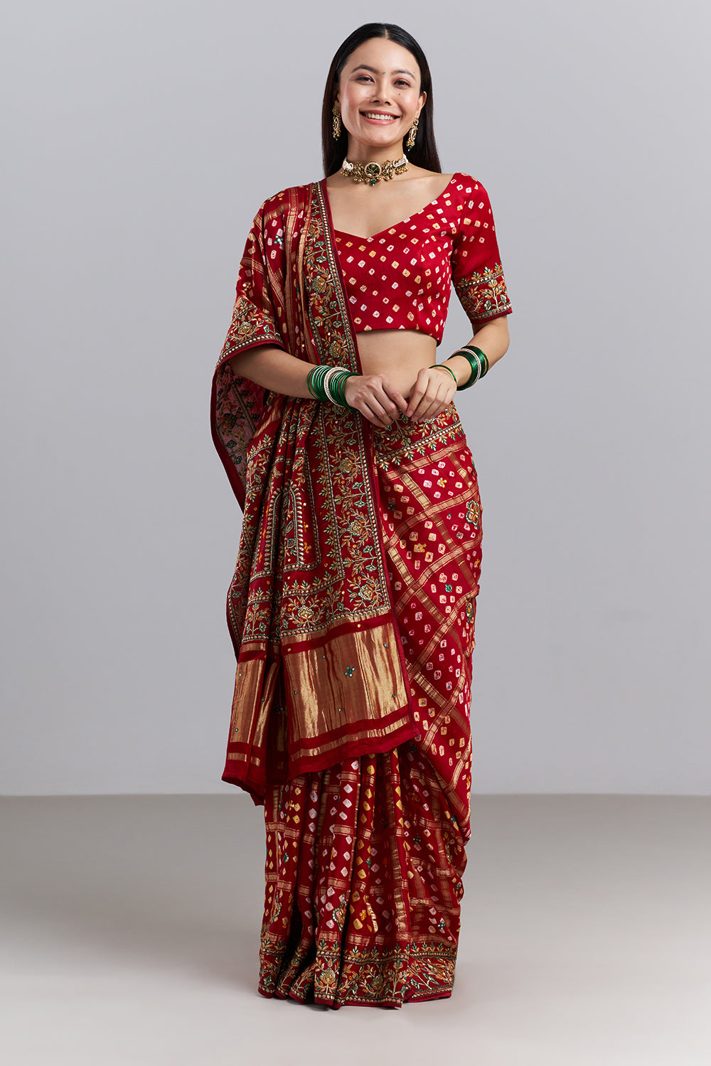 Crimson Red Bandhani Embroidered Saree
