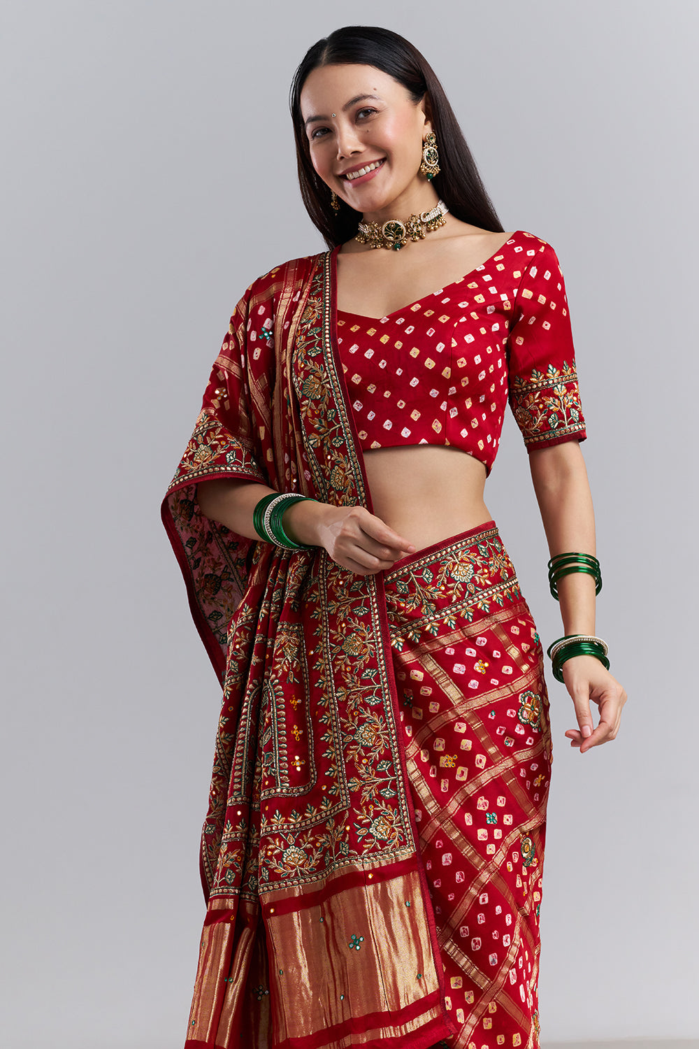 Crimson Red Bandhani Embroidered Saree