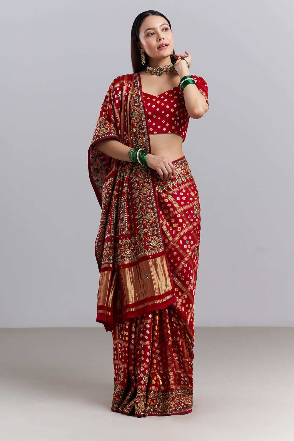 Crimson Red Bandhani Embroidered Saree